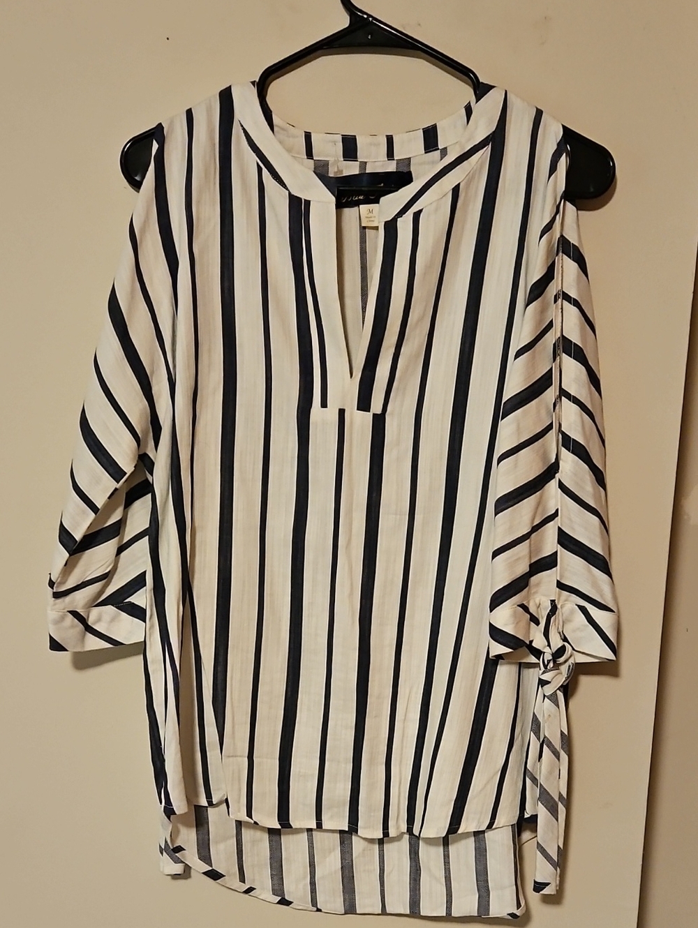 Blue Rain Navy and White Vertical Stripe V-Notch Blouse